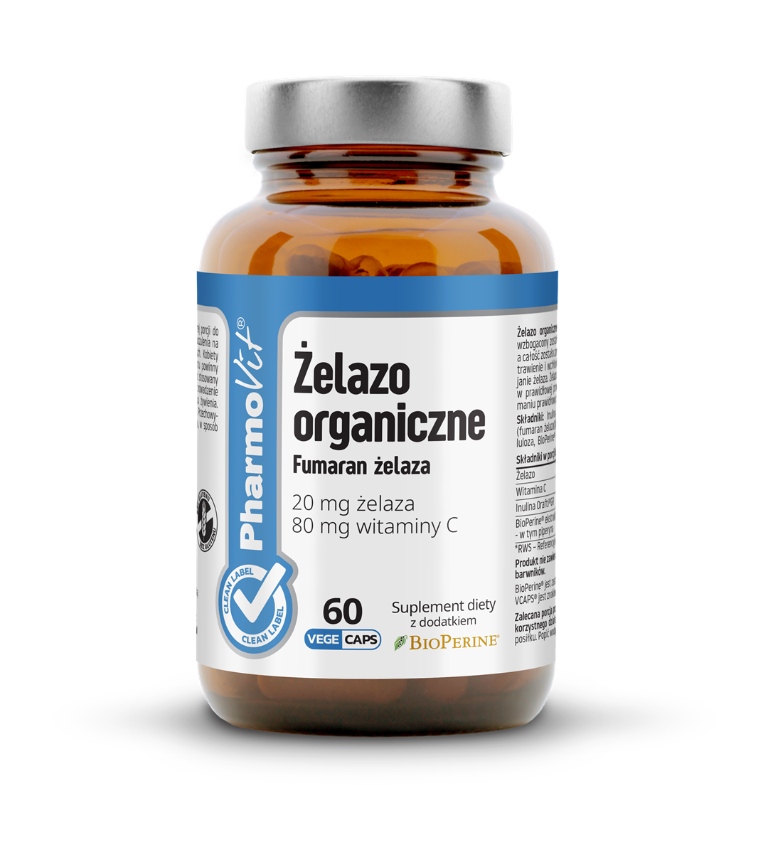 Żelazo organiczne 20 mg 60 kaps Vege | Clean Label Pharmovit